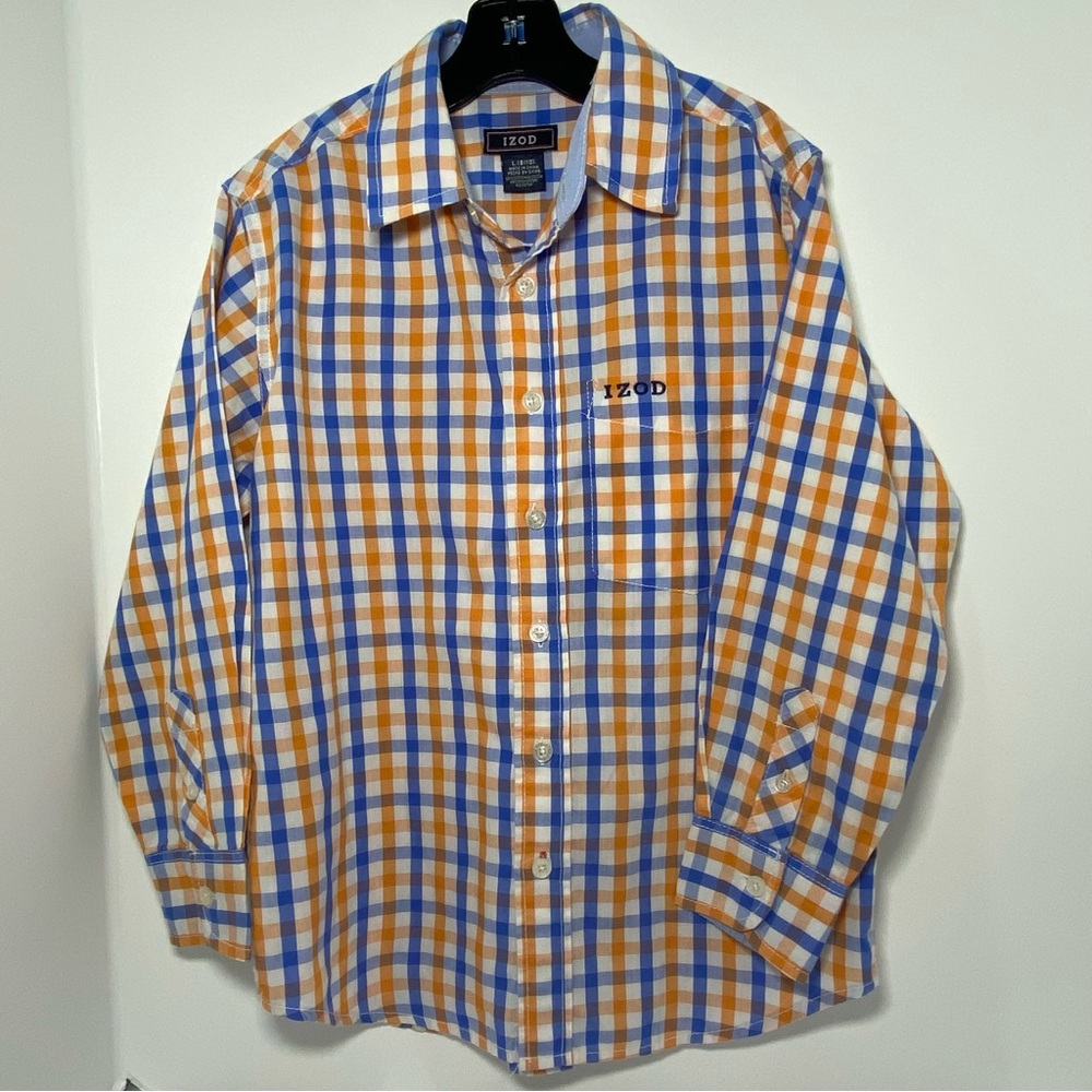 IZOD Boys L(8-10) ong Sleeve Button Down Shirt Plaid Orange Blue Cotton Blend